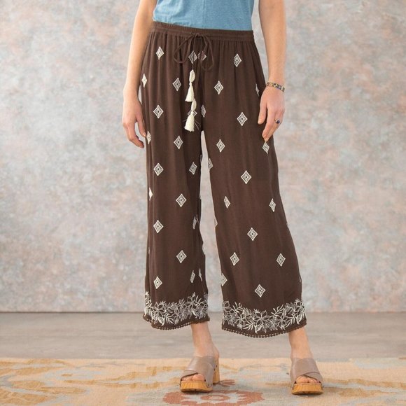 Sundance Pants - Sundance Le Meridien Pant Wide Leg Embroidered Crop Elastic Waist Tassel Women M